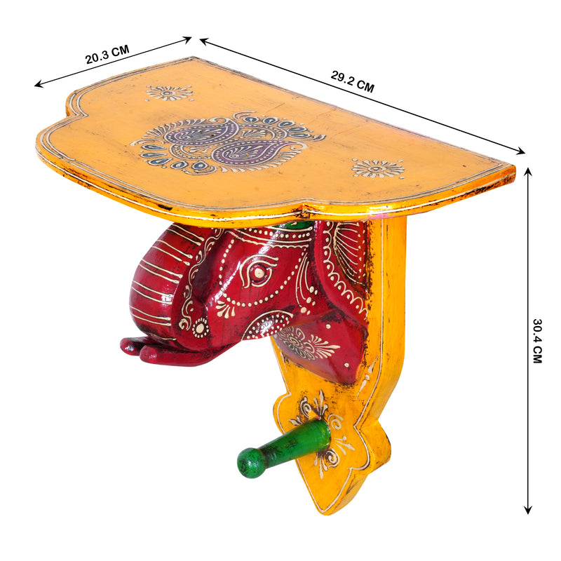 Vibrant Hand-Painted Wooden Elephant Wall Shelf with Hook