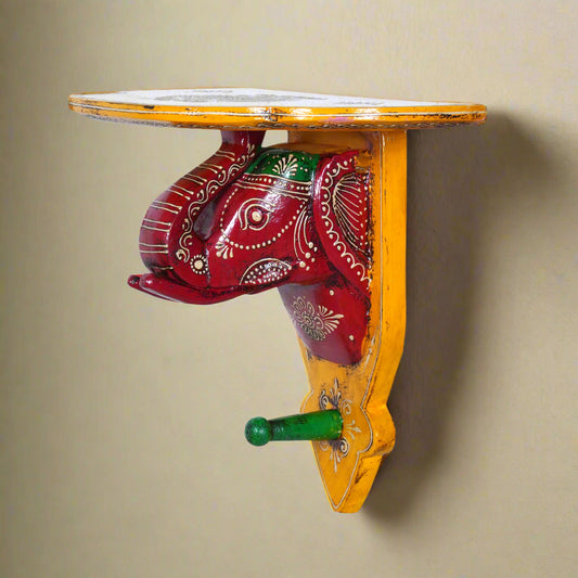 Vibrant Hand-Painted Wooden Elephant Wall Shelf with Hook