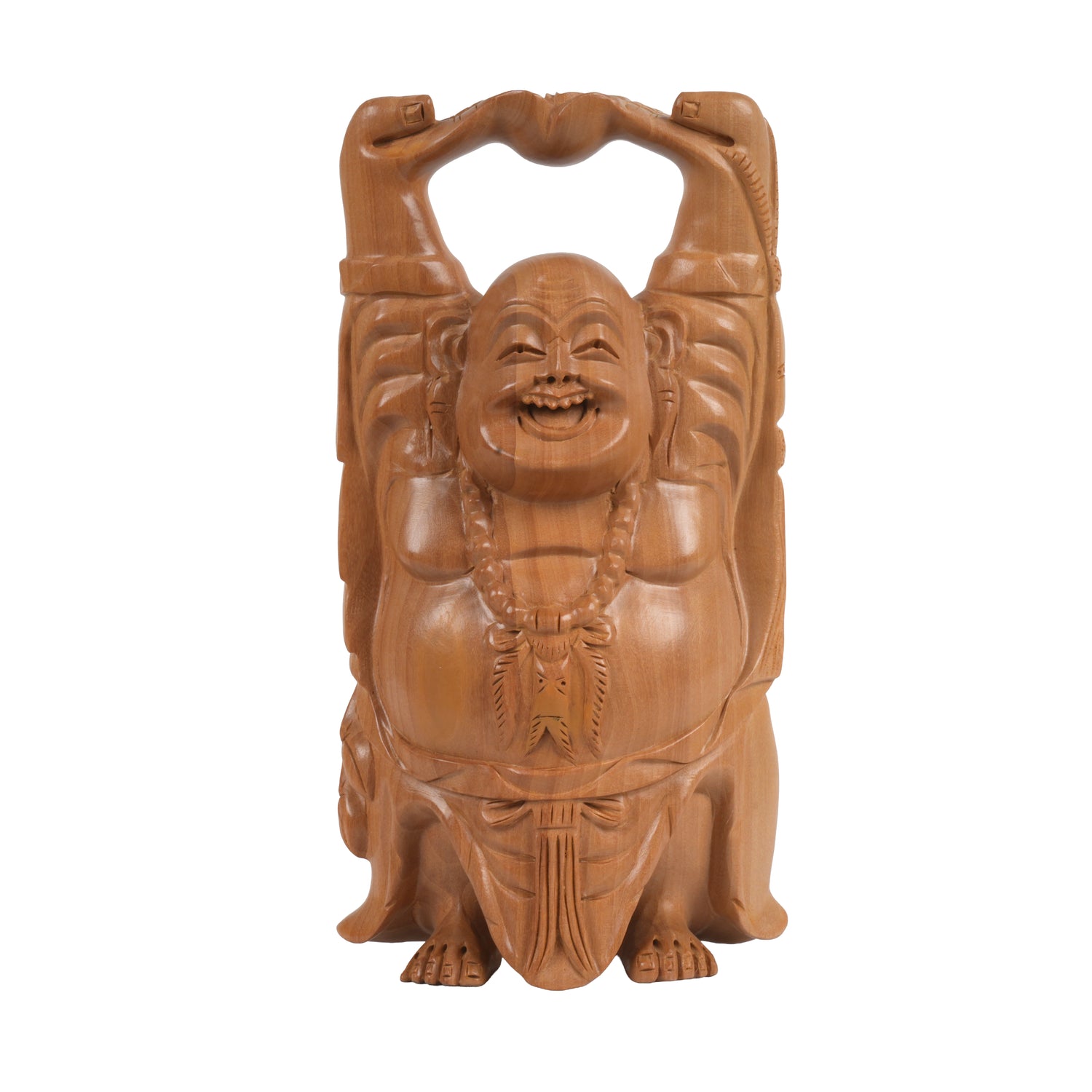 Handcrafted Wooden Laughing Buddha | Arms-Raised Prosperity Figurine