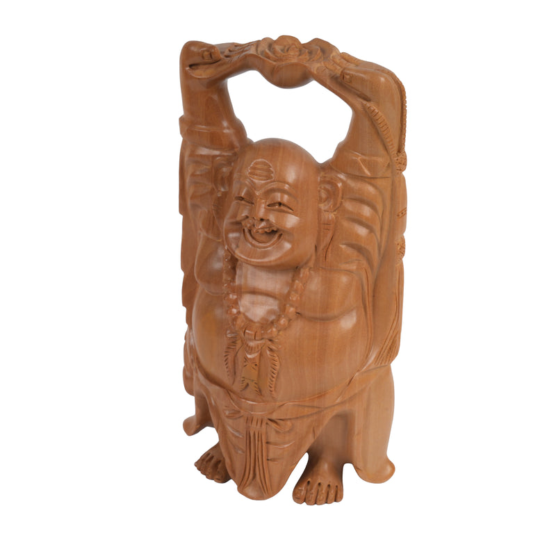 Handcrafted Wooden Laughing Buddha | Arms-Raised Prosperity Figurine