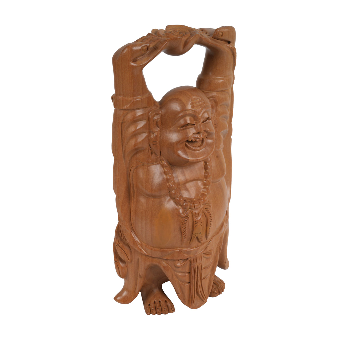 Handcrafted Wooden Laughing Buddha | Arms-Raised Prosperity Figurine