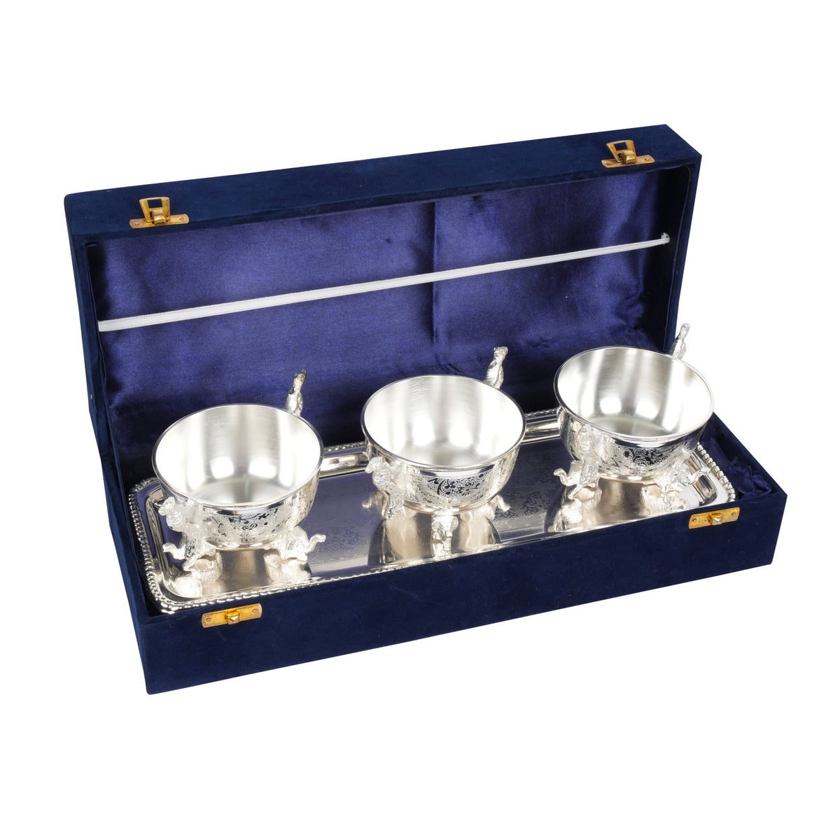 Decorative Set of 3 Silver-Coated Brass Bowls with Intricate Detailing