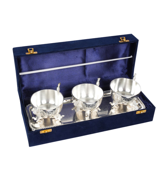 Decorative Set of 3 Silver-Coated Brass Bowls with Intricate Detailing