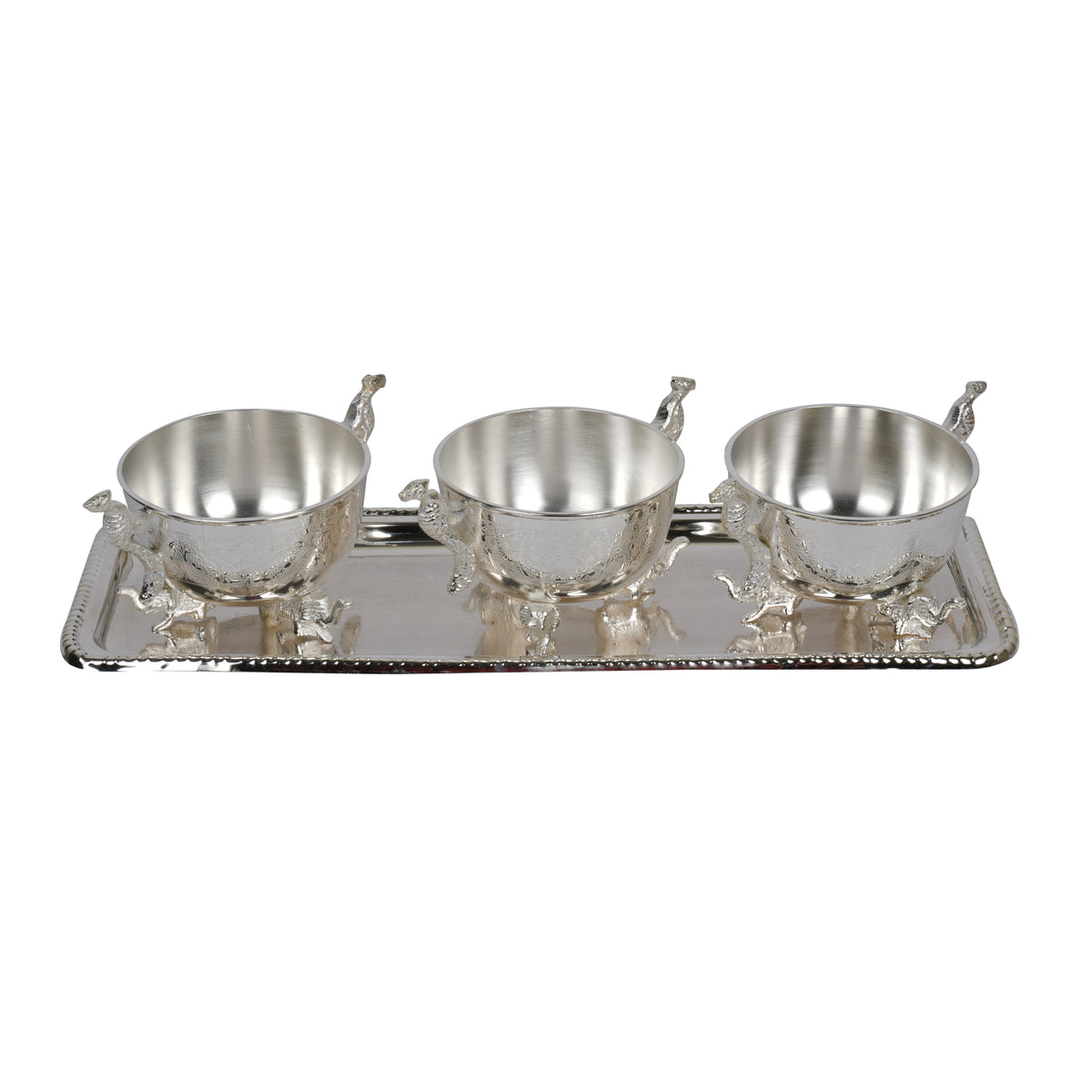 Decorative Set of 3 Silver-Coated Brass Bowls with Intricate Detailing