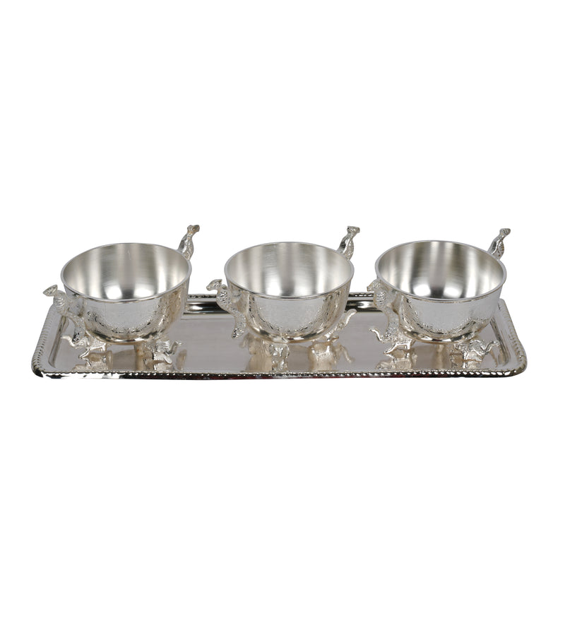 Decorative Set of 3 Silver-Coated Brass Bowls with Intricate Detailing