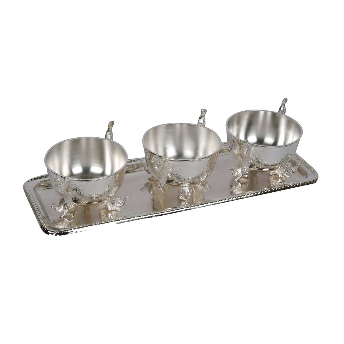 Decorative Set of 3 Silver-Coated Brass Bowls with Intricate Detailing