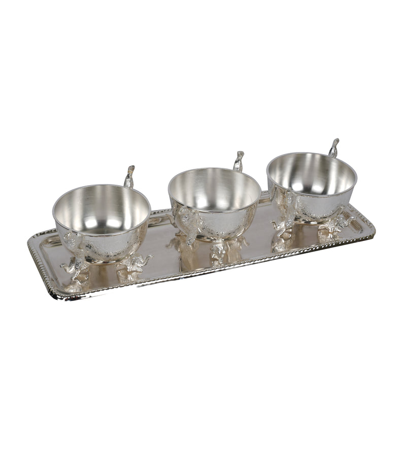 Decorative Set of 3 Silver-Coated Brass Bowls with Intricate Detailing