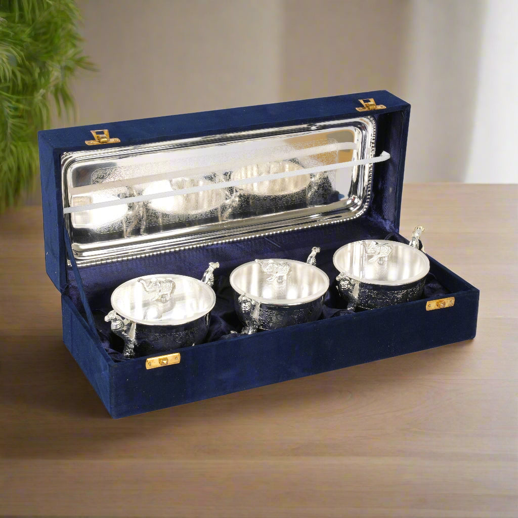 Decorative Set of 3 Silver-Coated Brass Bowls with Intricate Detailing