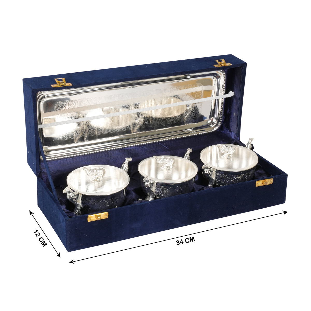Decorative Set of 3 Silver-Coated Brass Bowls with Intricate Detailing
