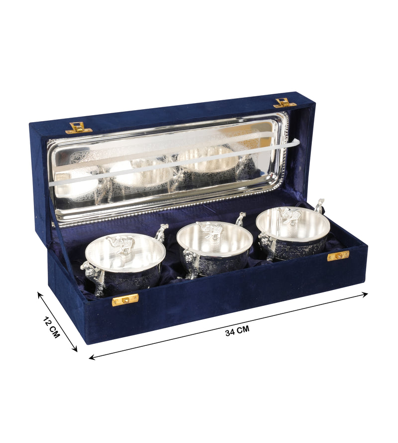 Decorative Set of 3 Silver-Coated Brass Bowls with Intricate Detailing