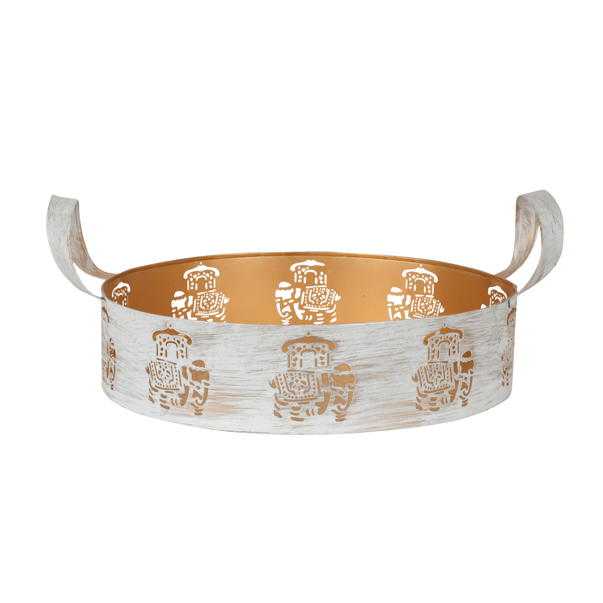 Distressed White and Gold Metal Tray – Elegant Decorative Bowl