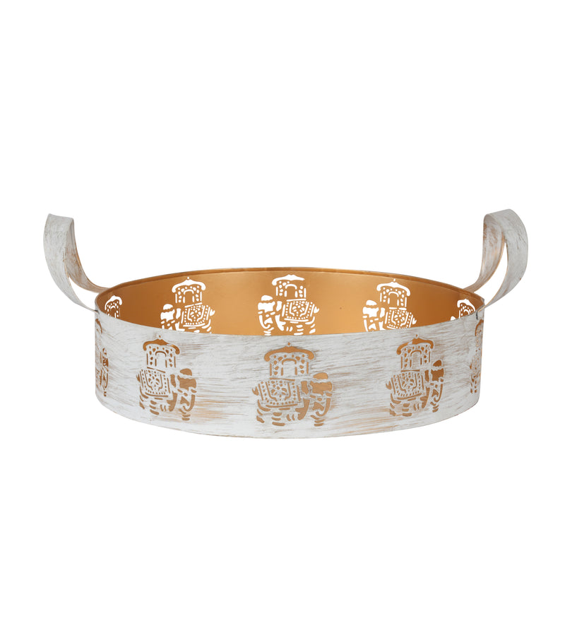 Distressed White and Gold Metal Tray – Elegant Decorative Bowl