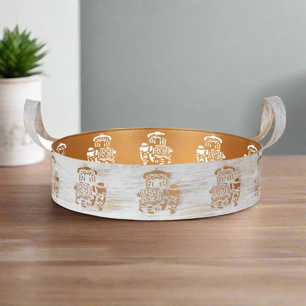 Distressed White and Gold Metal Tray – Elegant Decorative Bowl