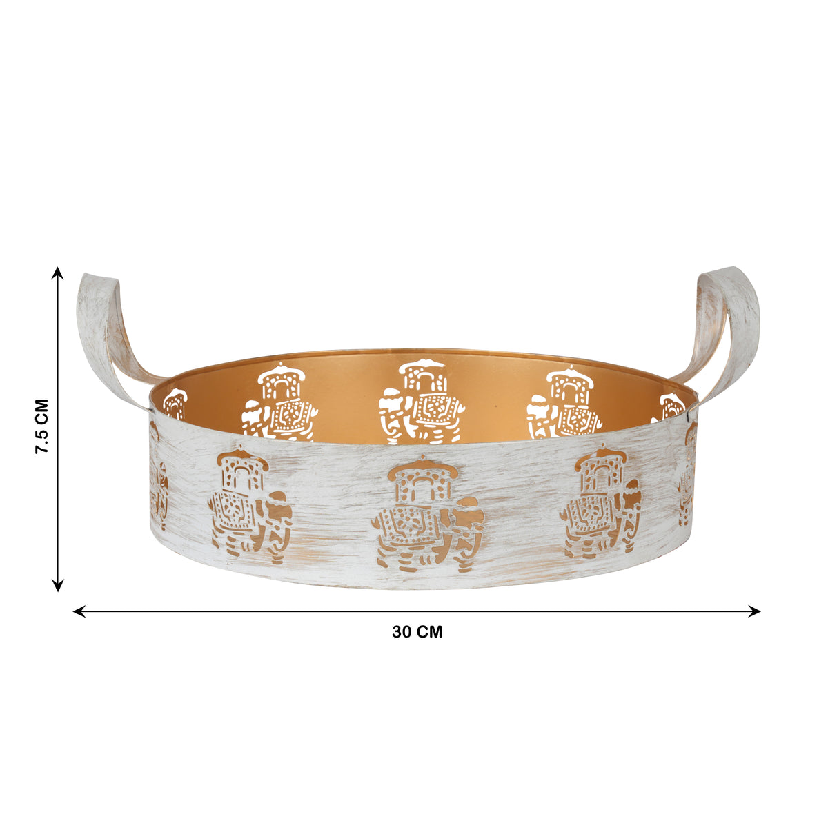 Distressed White and Gold Metal Tray – Elegant Decorative Bowl