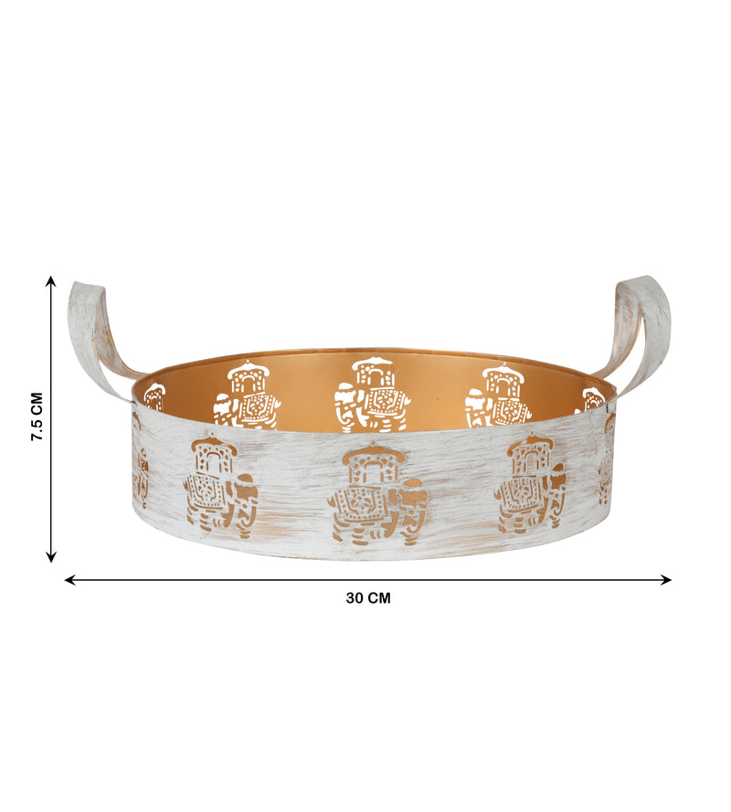 Distressed White and Gold Metal Tray – Elegant Decorative Bowl