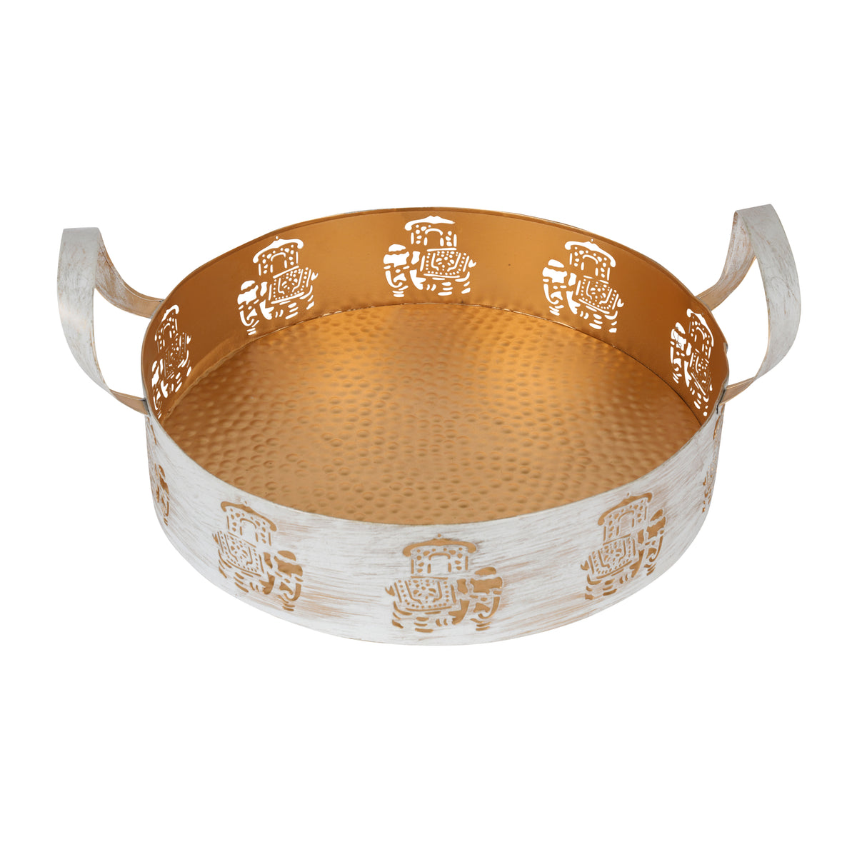 Distressed White and Gold Metal Tray – Elegant Decorative Bowl