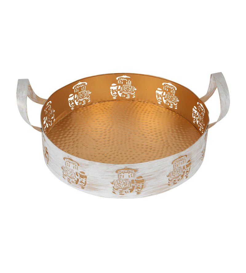 Distressed White and Gold Metal Tray – Elegant Decorative Bowl
