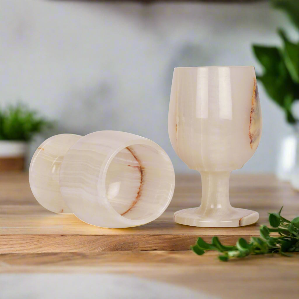 Set of 2 Elegant White Onyx Goblets with Smooth Finish – Handcrafted Drinkware for Luxury Dining