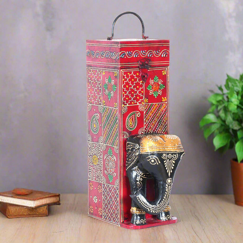 Hand-Painted Wooden Elephant Figurine Wine Box