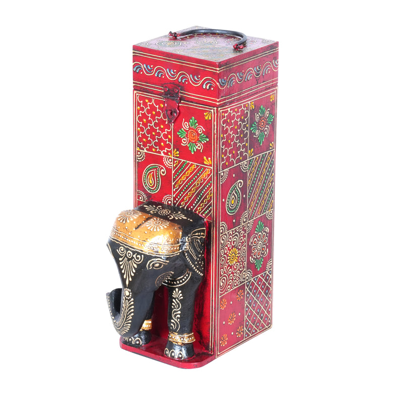 Hand-Painted Wooden Elephant Figurine Wine Box