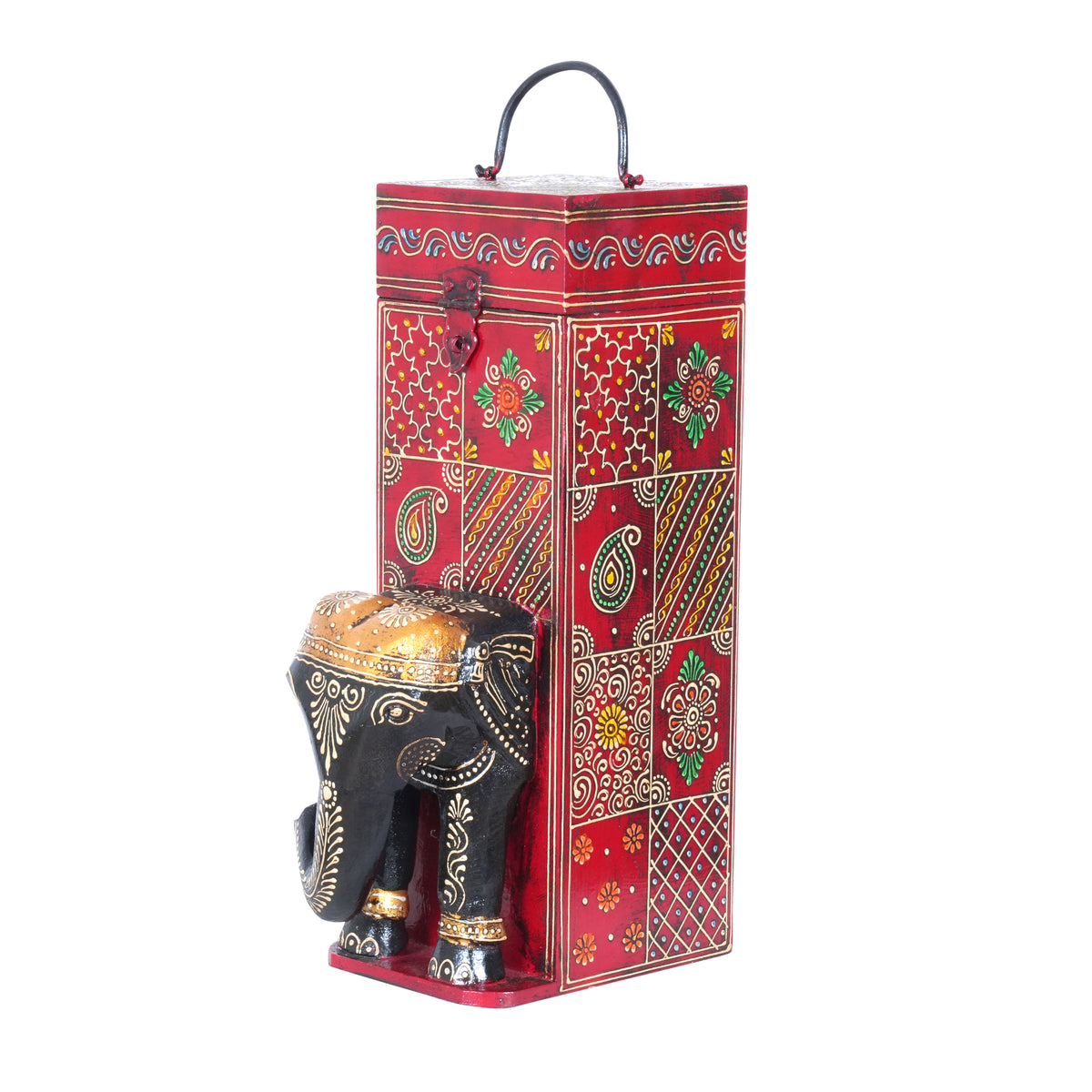 Hand-Painted Wooden Elephant Figurine Wine Box