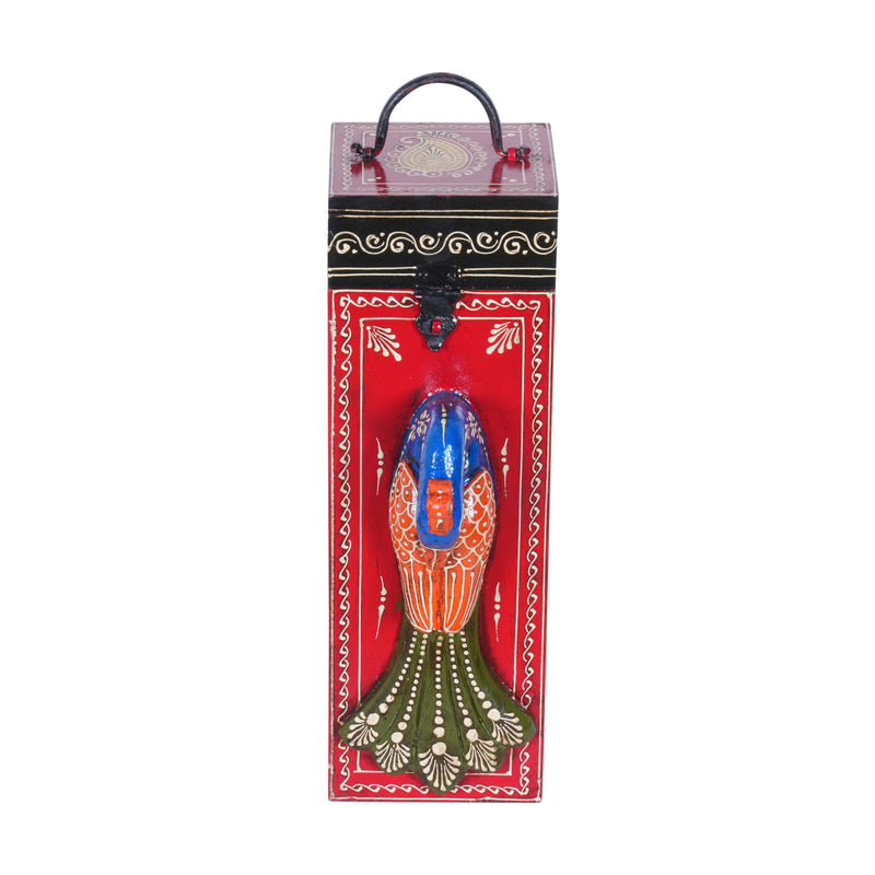 Artisan Hand-Painted Wooden Wine Box with Decorative Peacock Figurine