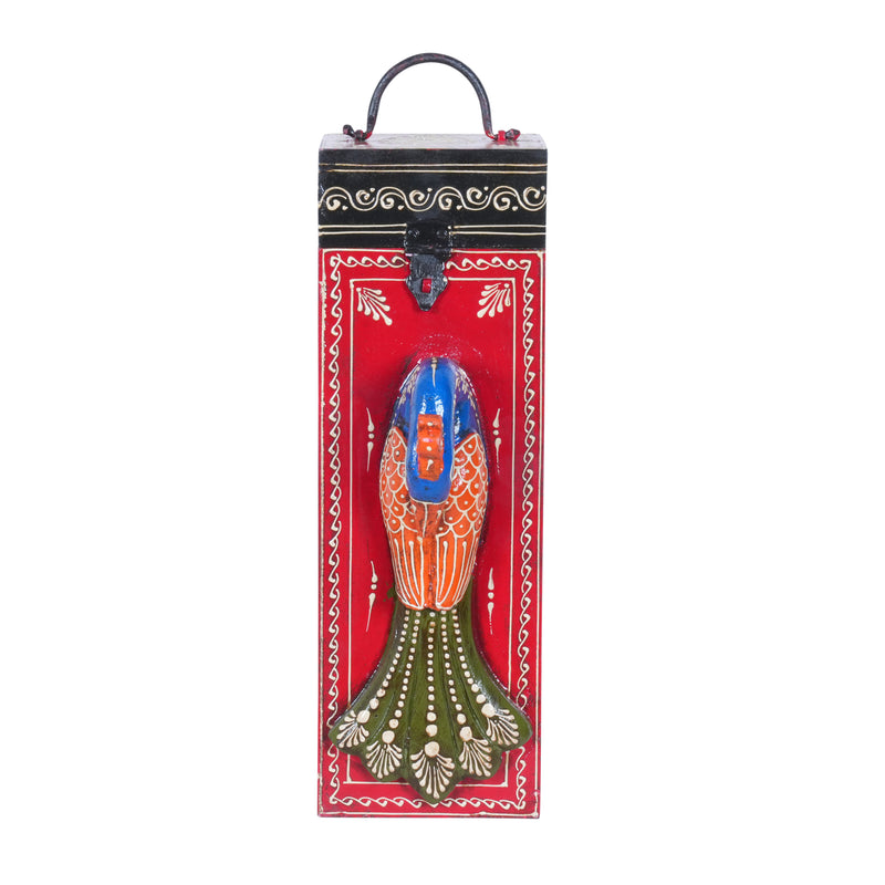 Artisan Hand-Painted Wooden Wine Box with Decorative Peacock Figurine
