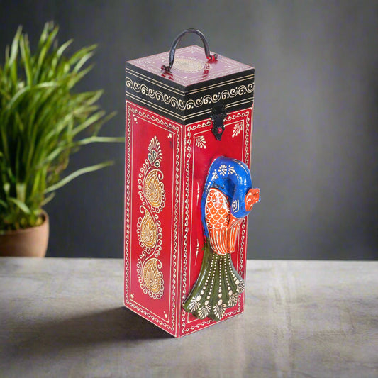 Artisan Hand-Painted Wooden Wine Box with Decorative Peacock Figurine