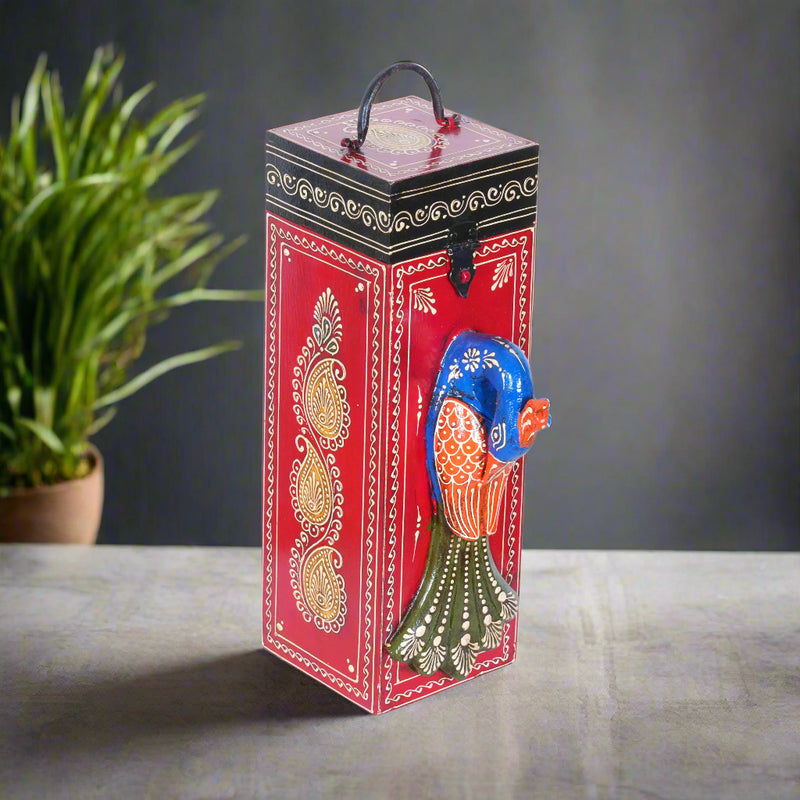 Artisan Hand-Painted Wooden Wine Box with Decorative Peacock Figurine