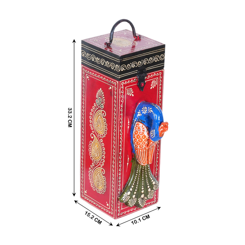 Artisan Hand-Painted Wooden Wine Box with Decorative Peacock Figurine