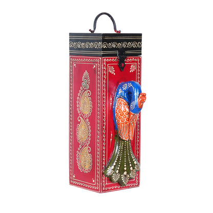 Artisan Hand-Painted Wooden Wine Box with Decorative Peacock Figurine