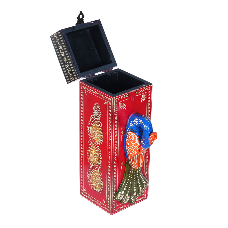 Artisan Hand-Painted Wooden Wine Box with Decorative Peacock Figurine