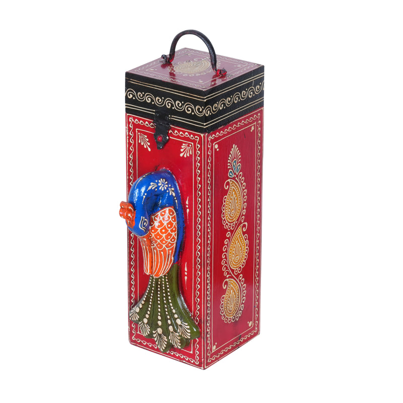 Artisan Hand-Painted Wooden Wine Box with Decorative Peacock Figurine