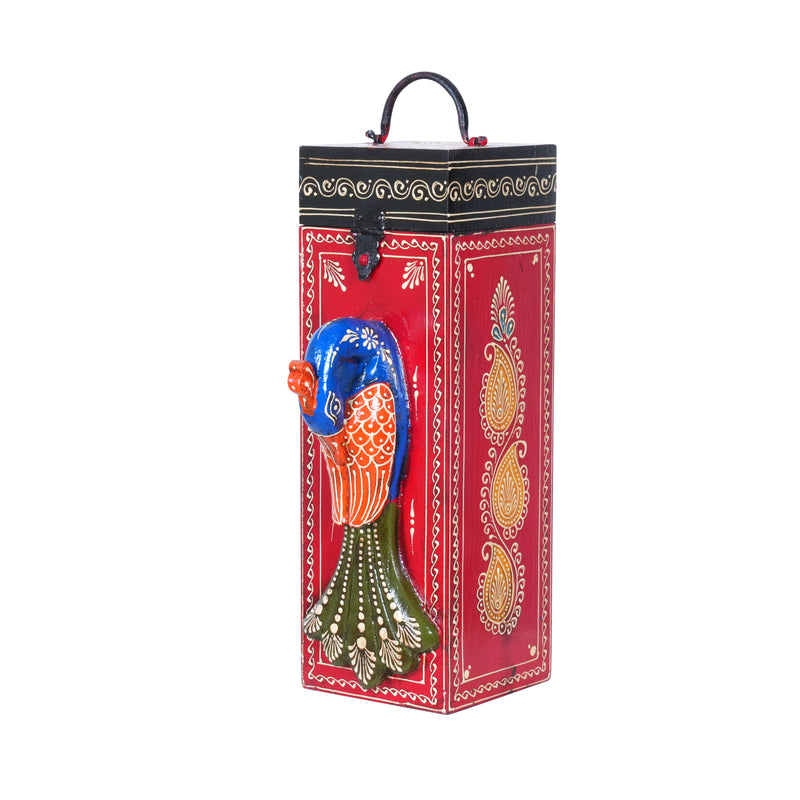 Artisan Hand-Painted Wooden Wine Box with Decorative Peacock Figurine
