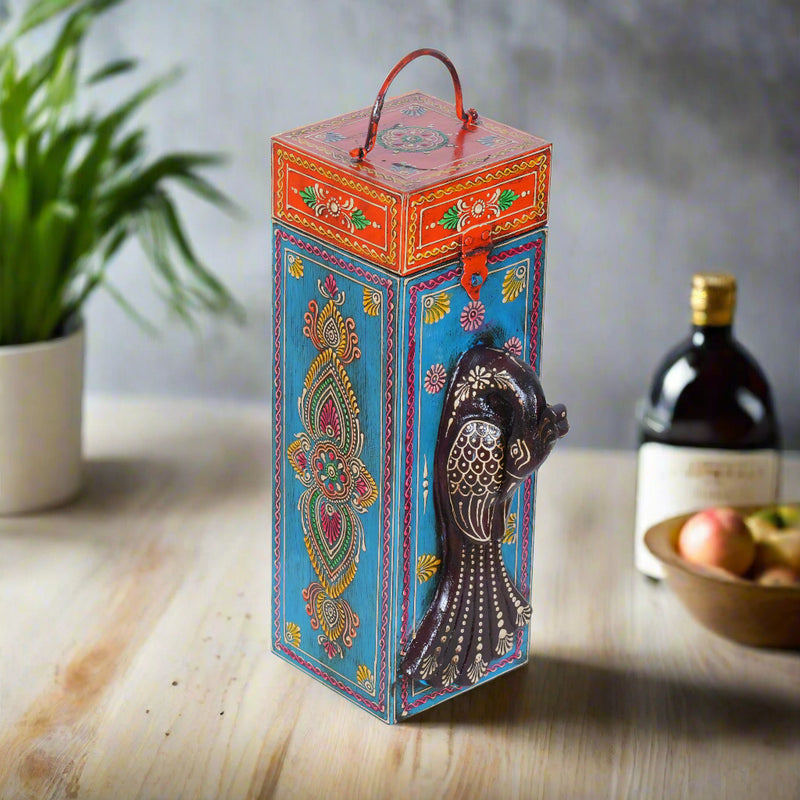 Artisan Hand-Painted Wooden Wine Box with Decorative Peacock Figurine