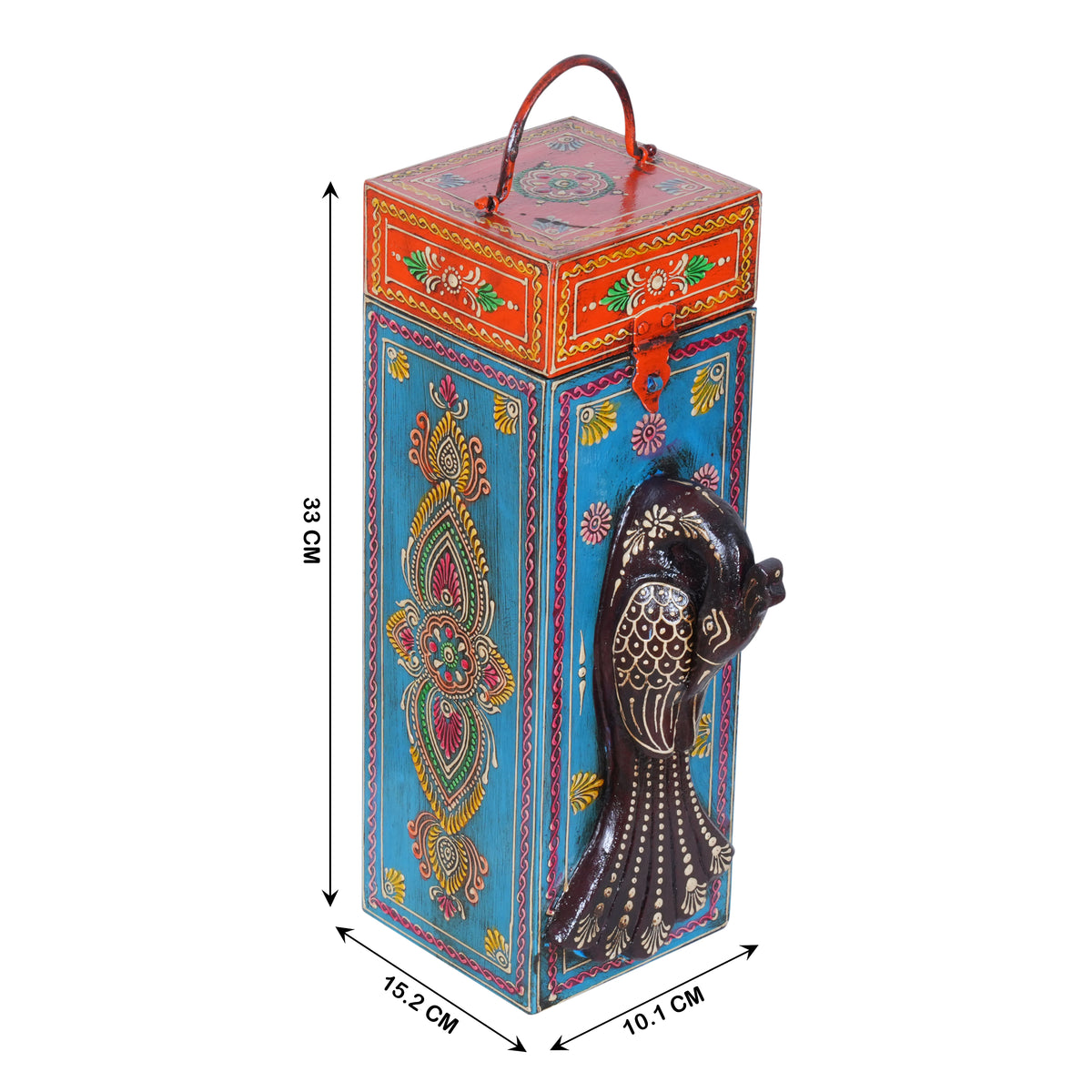 Artisan Hand-Painted Wooden Wine Box with Decorative Peacock Figurine