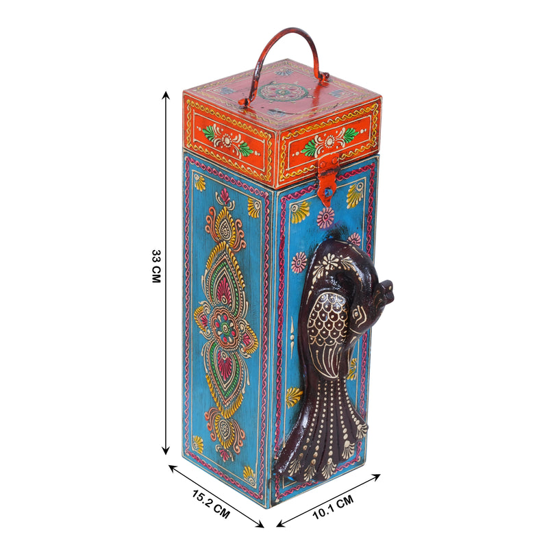 Artisan Hand-Painted Wooden Wine Box with Decorative Peacock Figurine