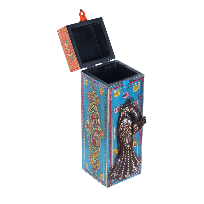 Artisan Hand-Painted Wooden Wine Box with Decorative Peacock Figurine