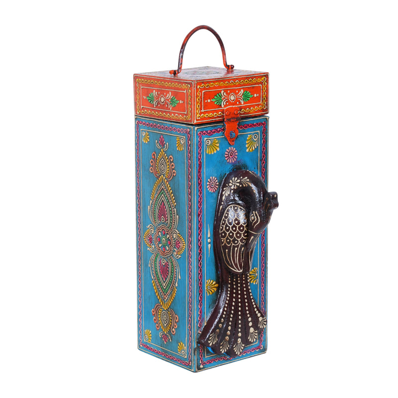 Artisan Hand-Painted Wooden Wine Box with Decorative Peacock Figurine