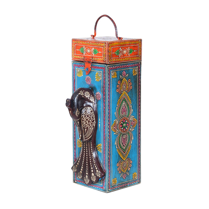 Artisan Hand-Painted Wooden Wine Box with Decorative Peacock Figurine