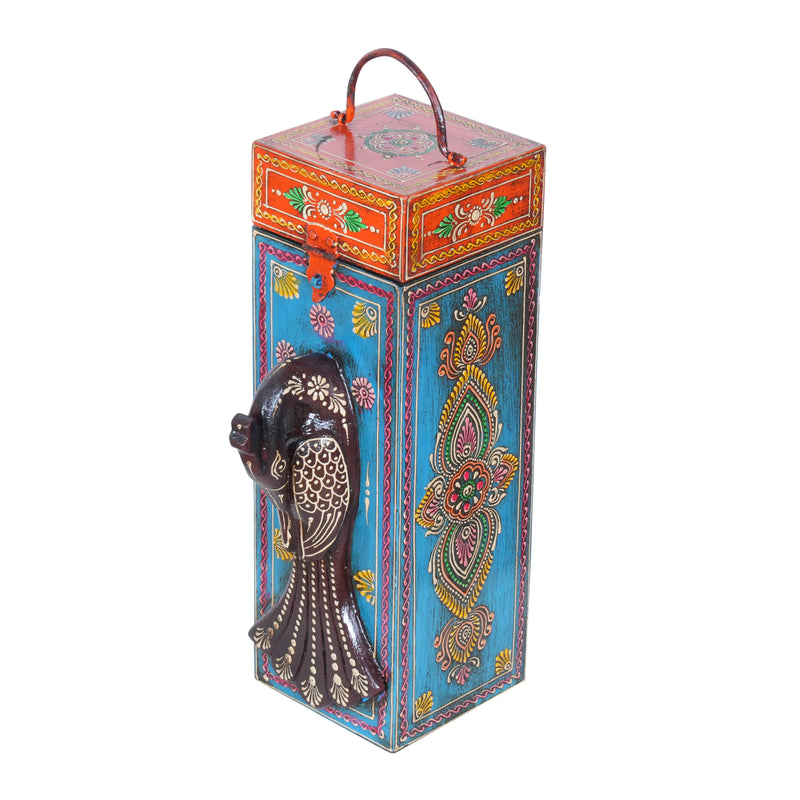 Artisan Hand-Painted Wooden Wine Box with Decorative Peacock Figurine
