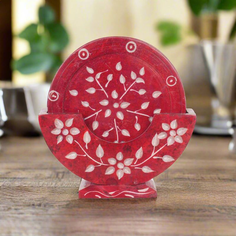 Set of 6 Handcrafted Marble Coasters with Intricate Carvings