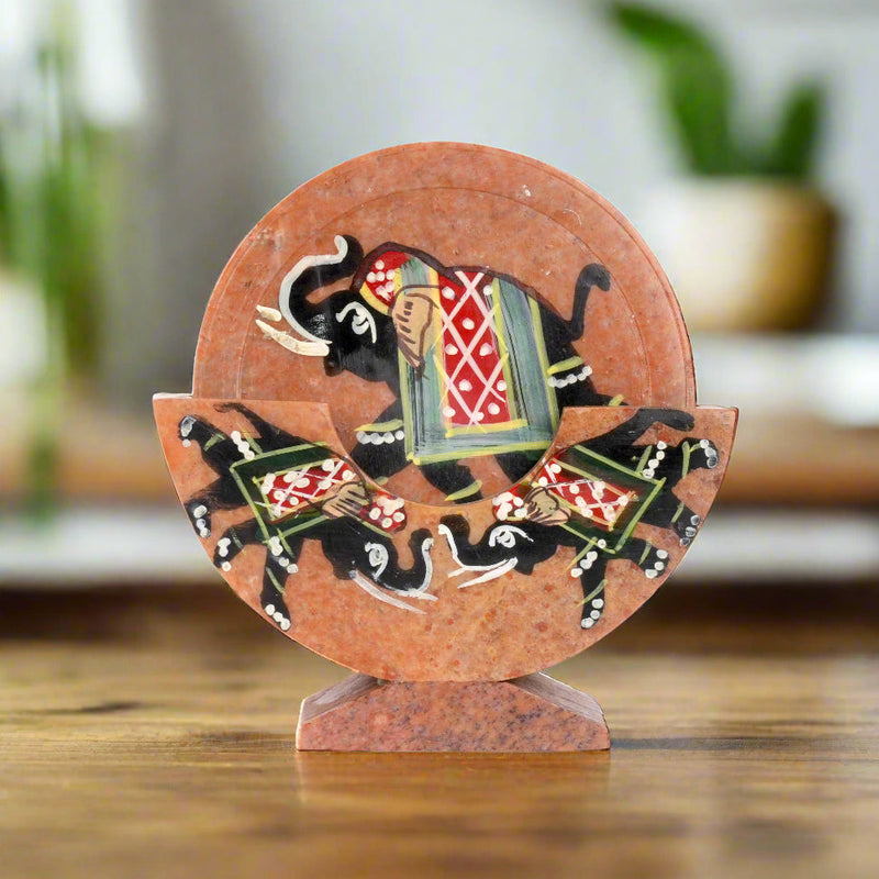 Artisanal Marble Coaster Set with Traditional Motifs