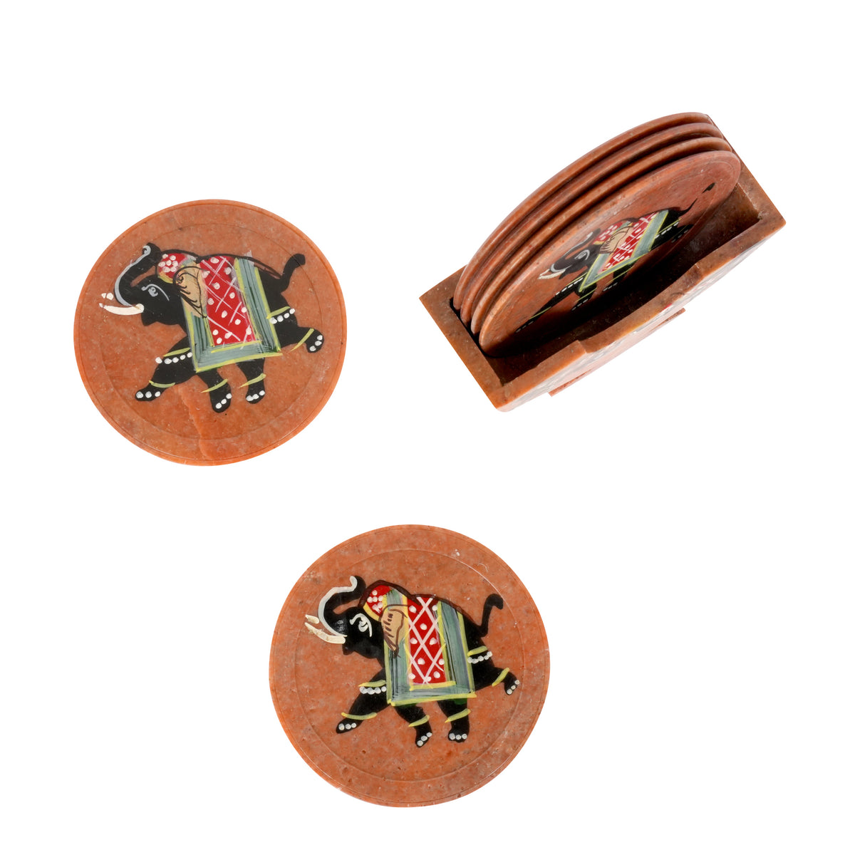 Artisanal Marble Coaster Set with Traditional Motifs