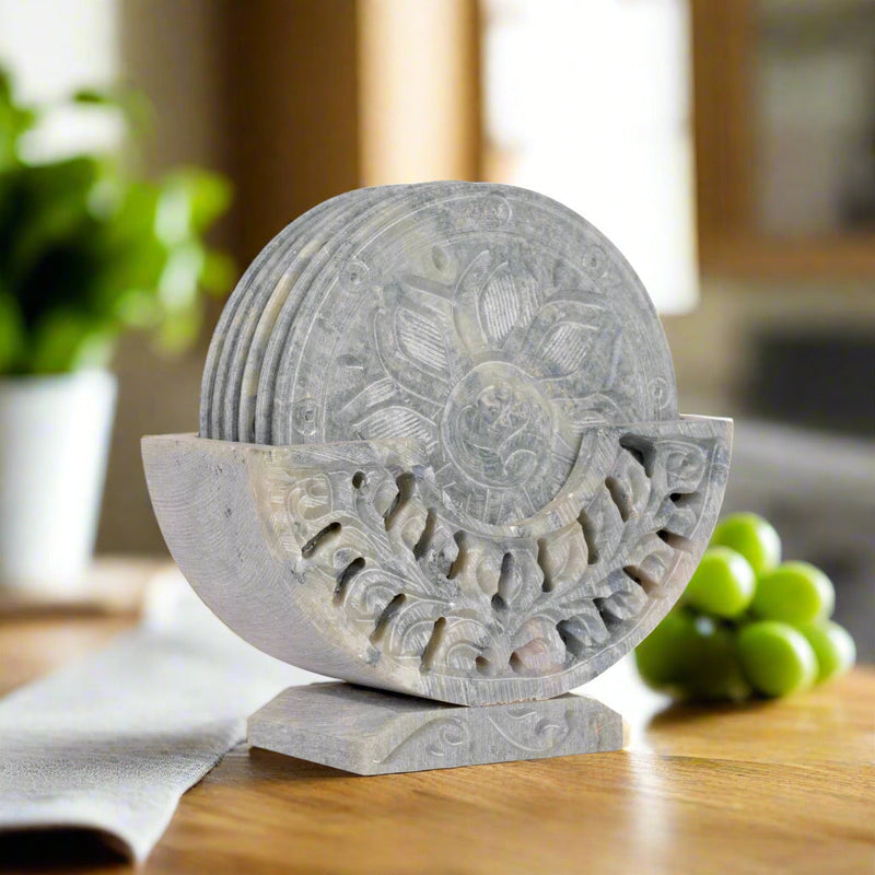 Set of 6 Handcrafted Marble Coasters with Intricate Carvings