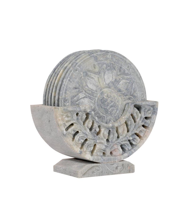 Set of 6 Handcrafted Marble Coasters with Intricate Carvings