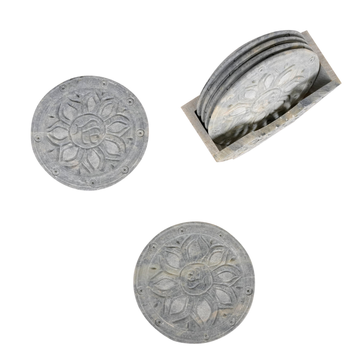 Set of 6 Handcrafted Marble Coasters with Intricate Carvings