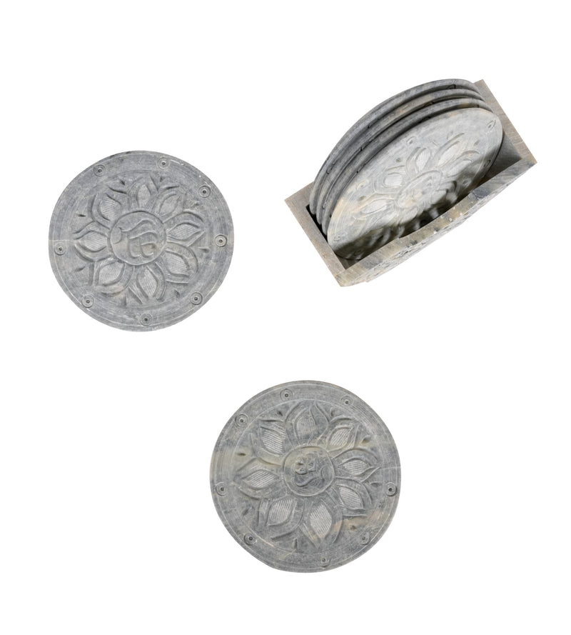 Set of 6 Handcrafted Marble Coasters with Intricate Carvings