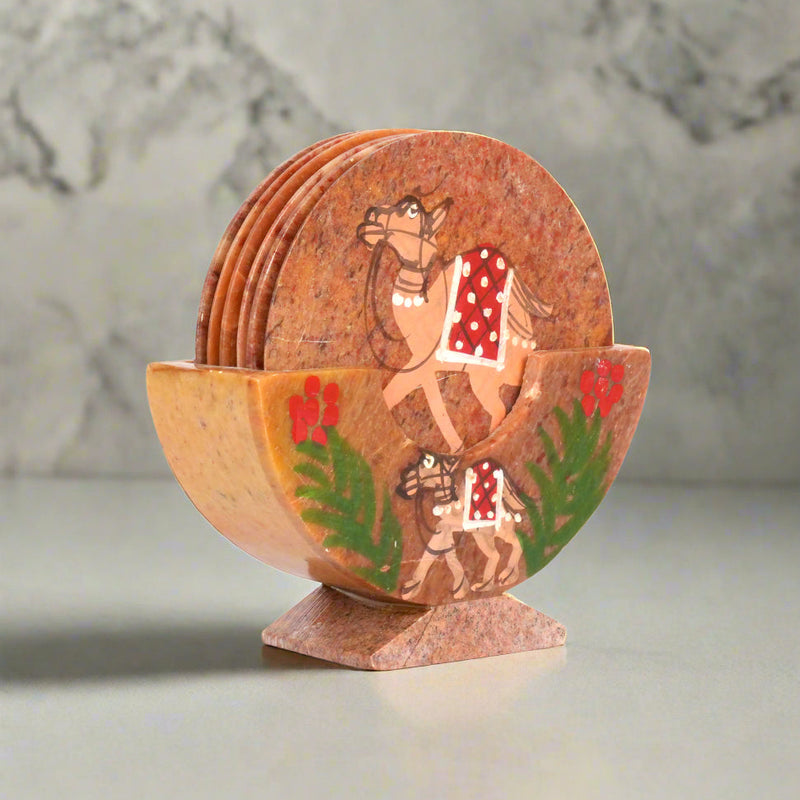 Artisanal Marble Coaster Set with Traditional Motifs