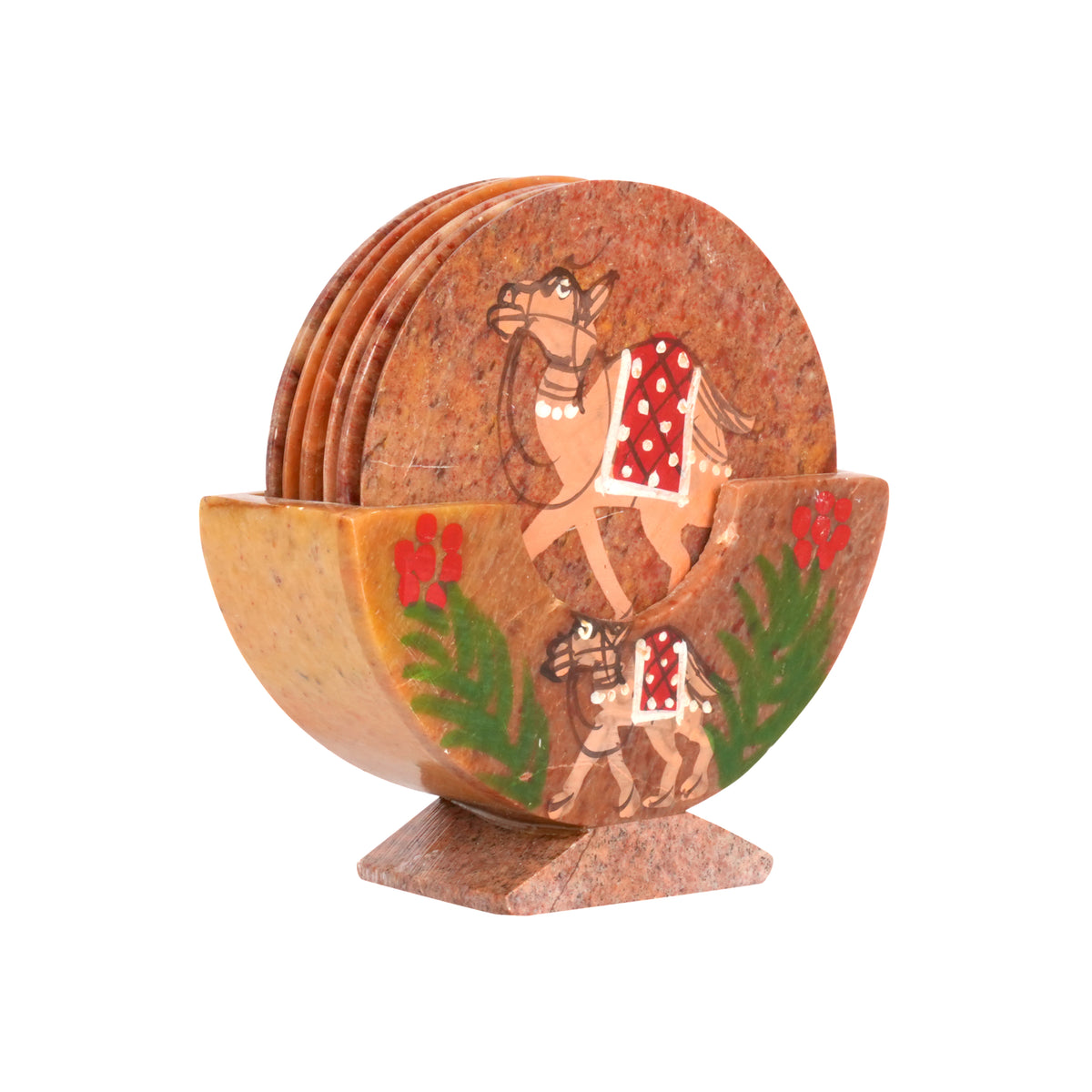 Artisanal Marble Coaster Set with Traditional Motifs
